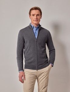 Grey Zip Through Merino Jumper - Machine Washable