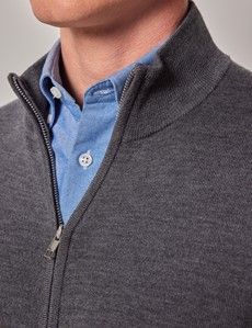 Grey Zip Through Merino Jumper - Machine Washable