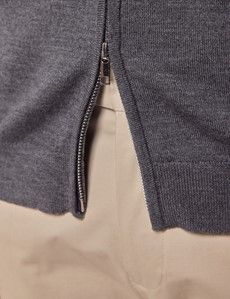 Grey Zip Through Merino Jumper - Machine Washable