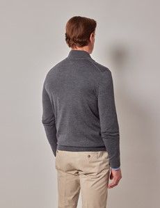 Grey Zip Through Merino Jumper - Machine Washable
