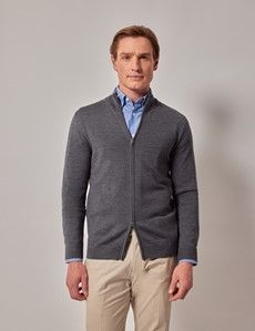 Grey Zip Through Merino Jumper - Machine Washable