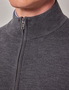 Grey Zip Through Merino Jumper - Machine Washable