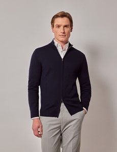 Navy Zip Through Merino Sweater - Machine Washable