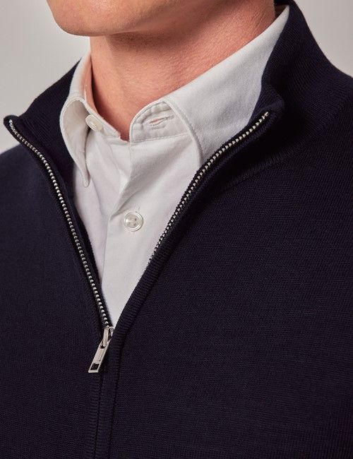 Navy Zip Through Merino Sweater - Machine Washable-preview
