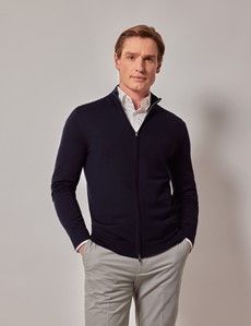 Navy Zip Through Merino Sweater - Machine Washable-preview5