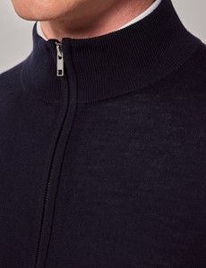 Navy Zip Through Merino Sweater - Machine Washable-preview6
