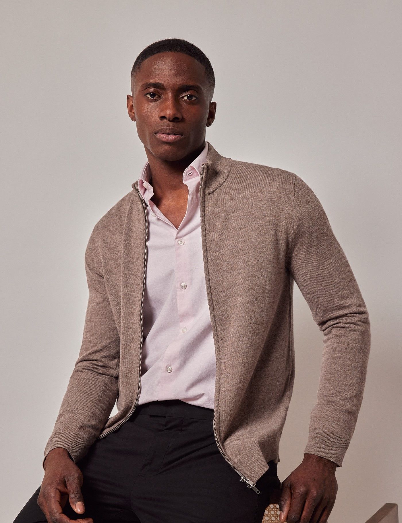 Men's Neutral Zip Through Merino Sweater - Machine Washable