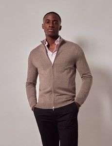 Neutral Zip Through Merino Sweater - Machine Washable-preview1