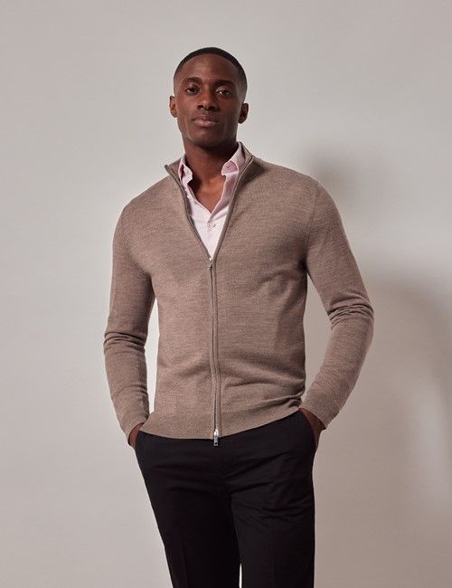 Neutral Zip Through Merino Sweater - Machine Washable-preview