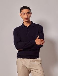 Navy Merino Polo Sweater - Machine Washable
