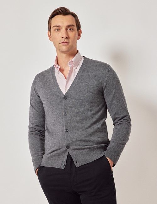 Grey V-Neck Merino Cardigan - Machine Washable