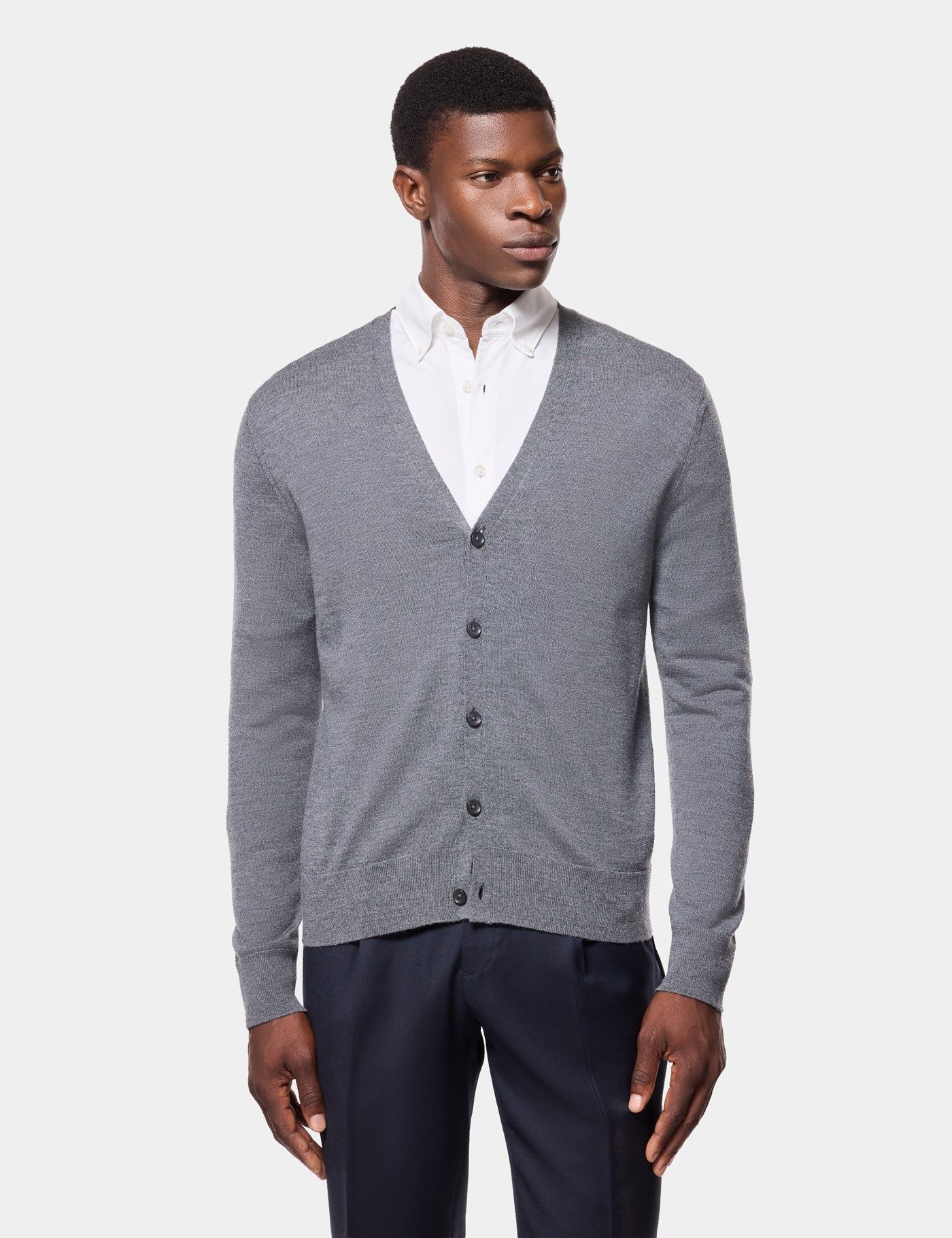 Men's Grey V-Neck Merino Cardigan - Machine Washable | Hawes & Curtis