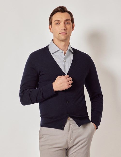Navy V-Neck Merino Cardigan - Machine Washable