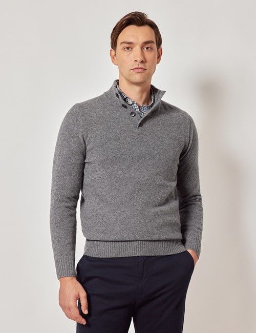 Grey Pure Lambswool Button Neck Sweater
