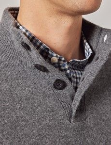 Grey Pure Lambswool Button Neck Sweater-preview1