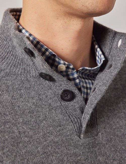 Grey Pure Lambswool Button Neck Sweater-preview
