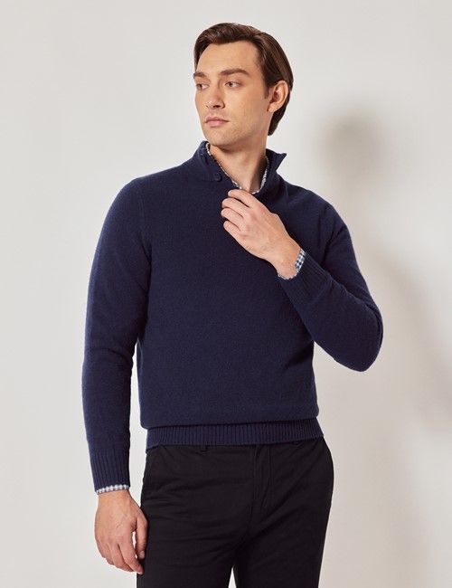 Navy Pure Lambswool Button Neck Sweater 