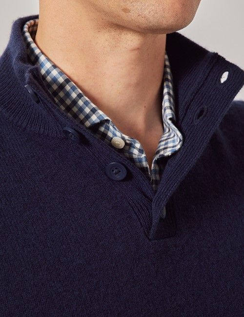 Navy Pure Lambswool Button Neck Sweater-preview