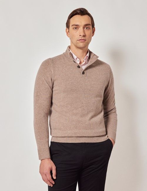 Neutral Pure Lambswool Button Neck Sweater 