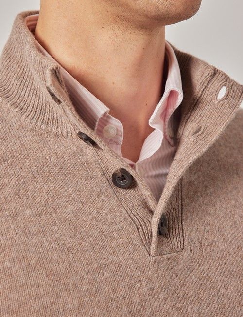 Neutral Pure Lambswool Button Neck Sweater-preview