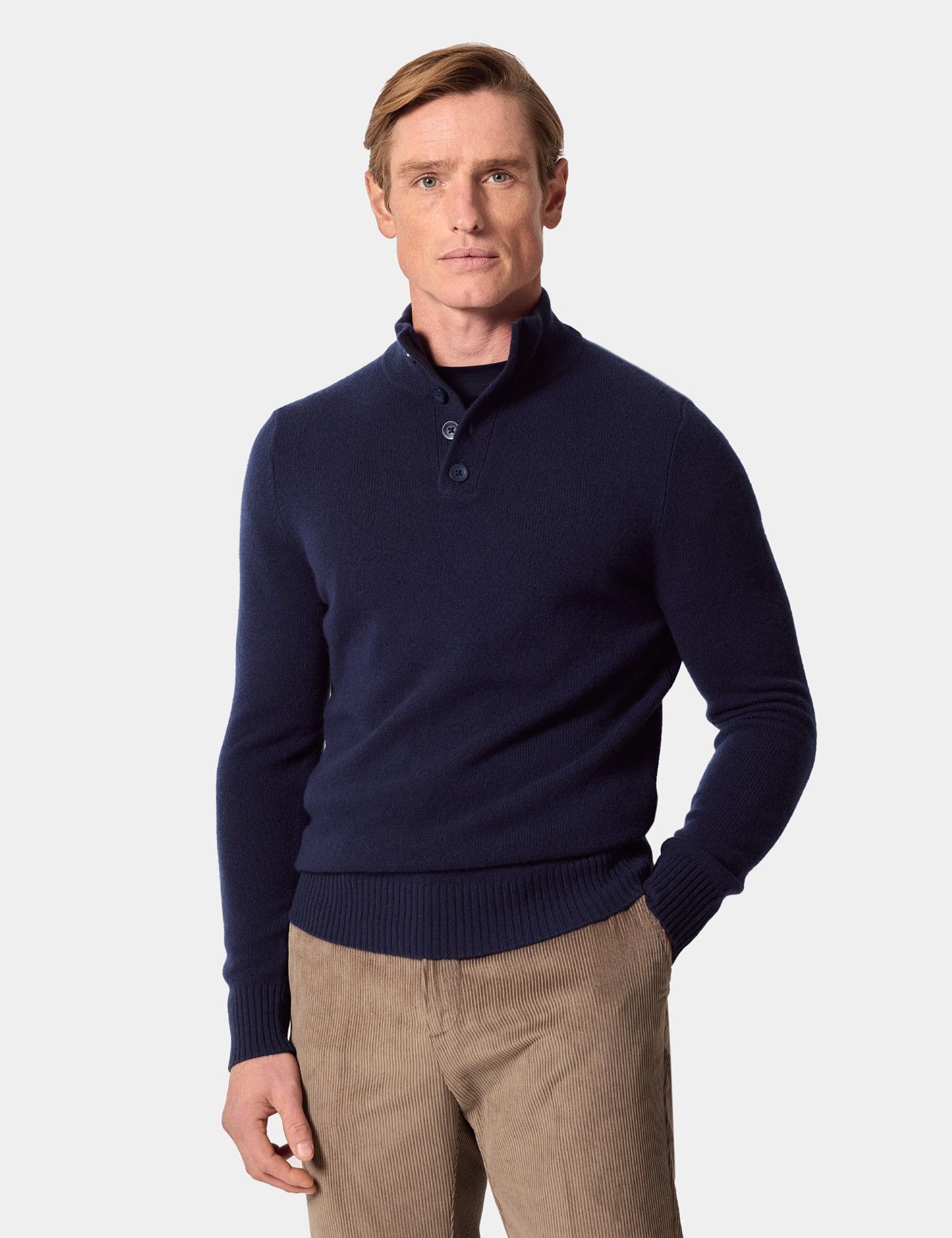 Men's Navy Pure Lambswool Button Neck Sweater | Hawes & Curtis