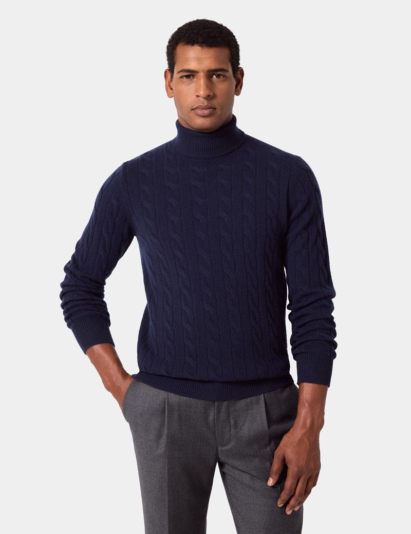 Navy Cable Knit Roll Neck Jumper