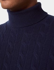 Navy Cable Knit Roll Neck Jumper