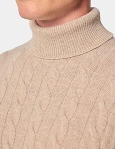 Light Sand Cable Knit Roll Neck Jumper