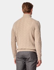 Light Sand Cable Knit Roll Neck Jumper