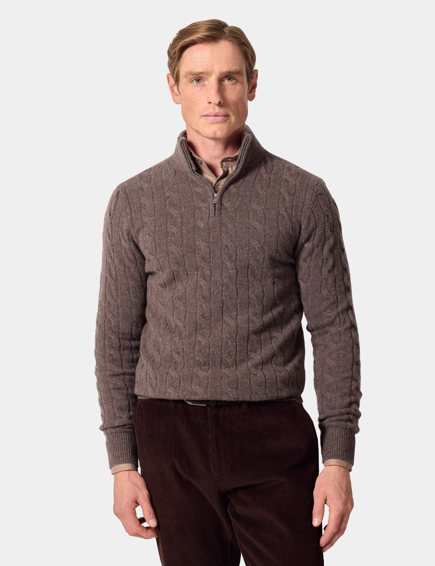 Brown Half Zip Cable Knitted Jumper