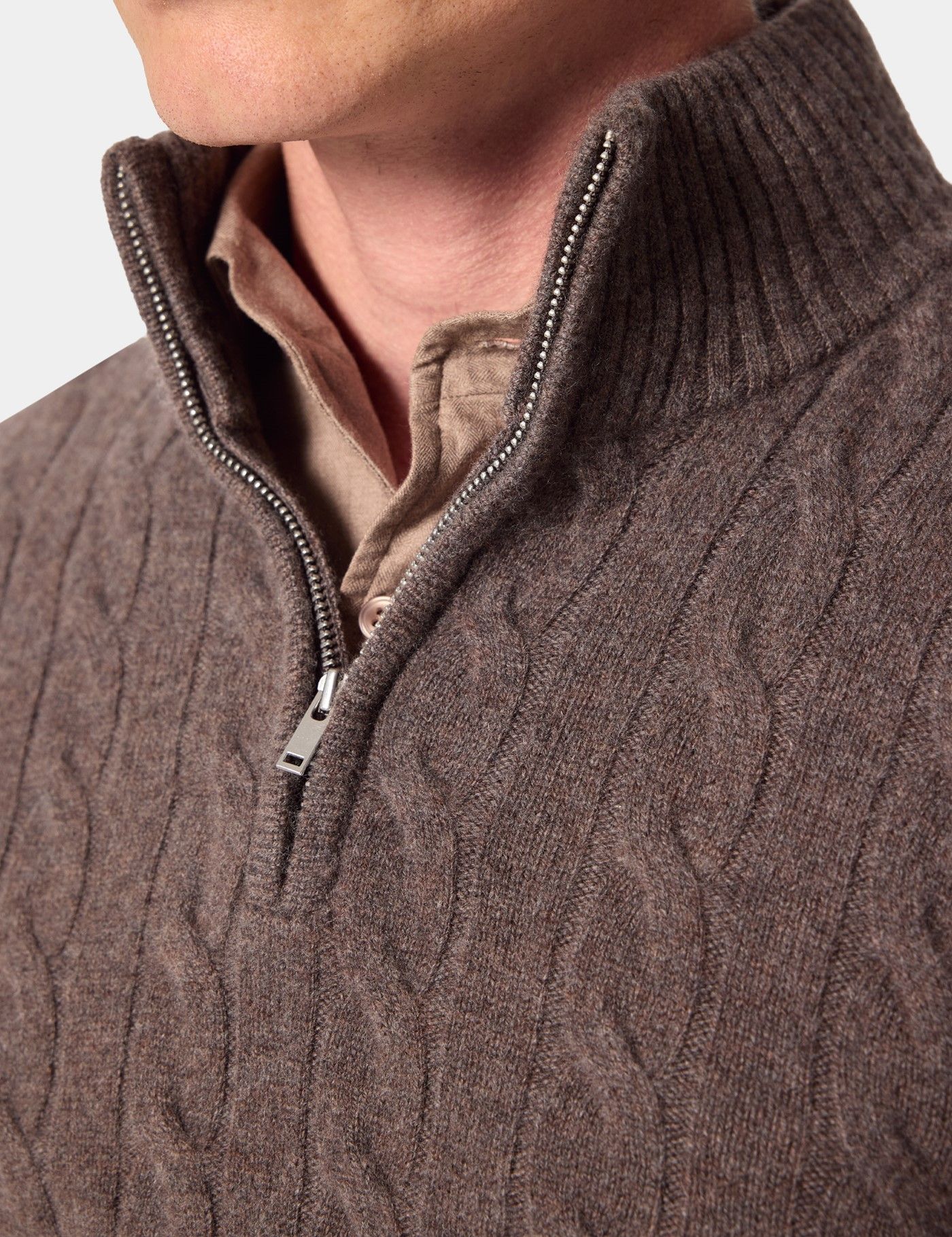 Brown Half Zip Cable Knitted Jumper-preview