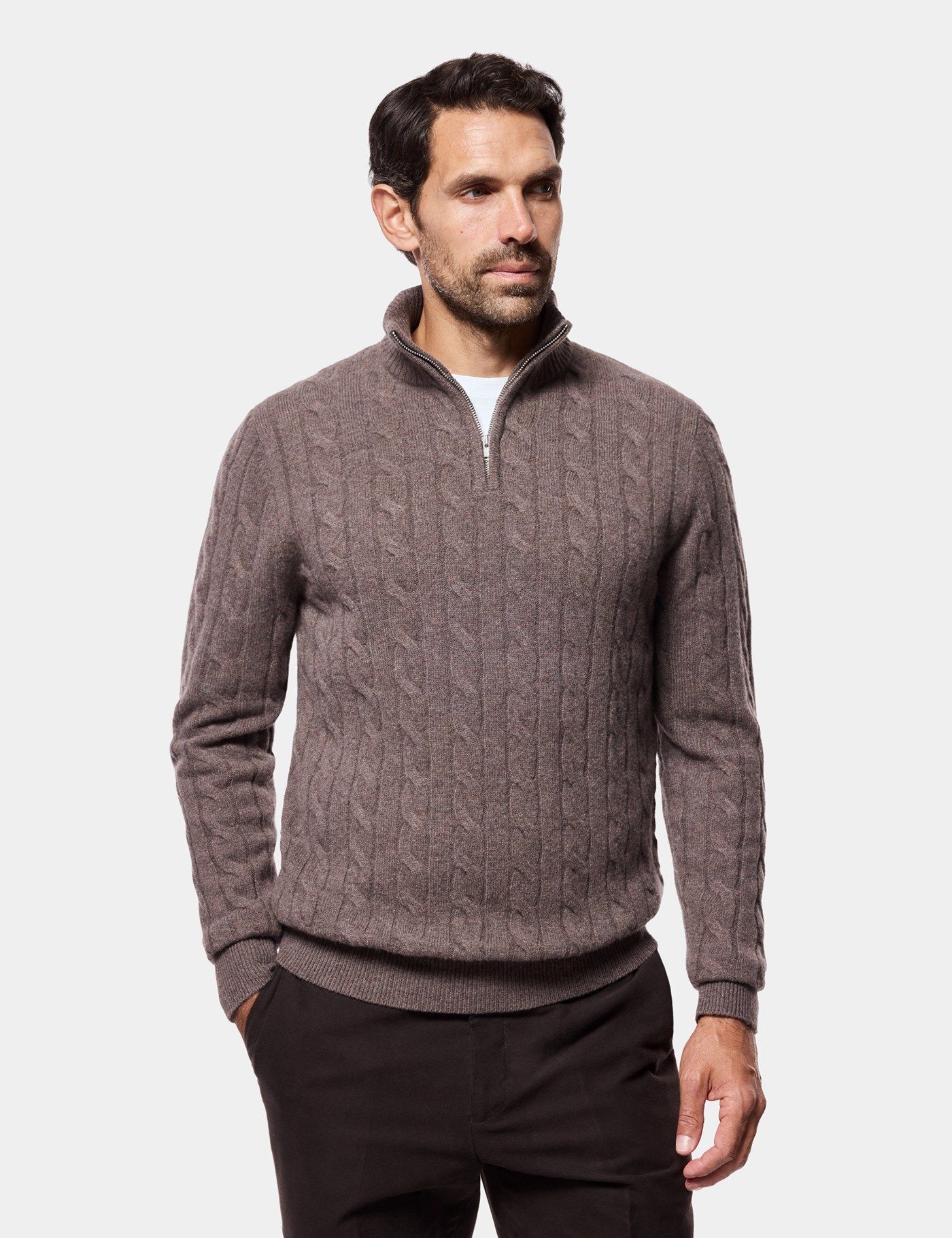 Men's Brown Half Zip Cable Knitted Jumper | Hawes & Curtis
