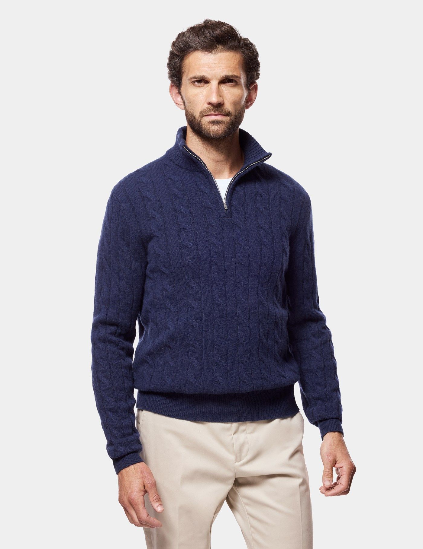 Men's Navy Half Zip Cable Knitted Jumper | Hawes & Curtis