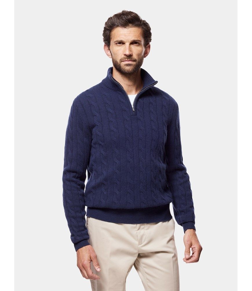 Men's Navy Half Zip Cable Knitted Jumper | Hawes & Curtis
