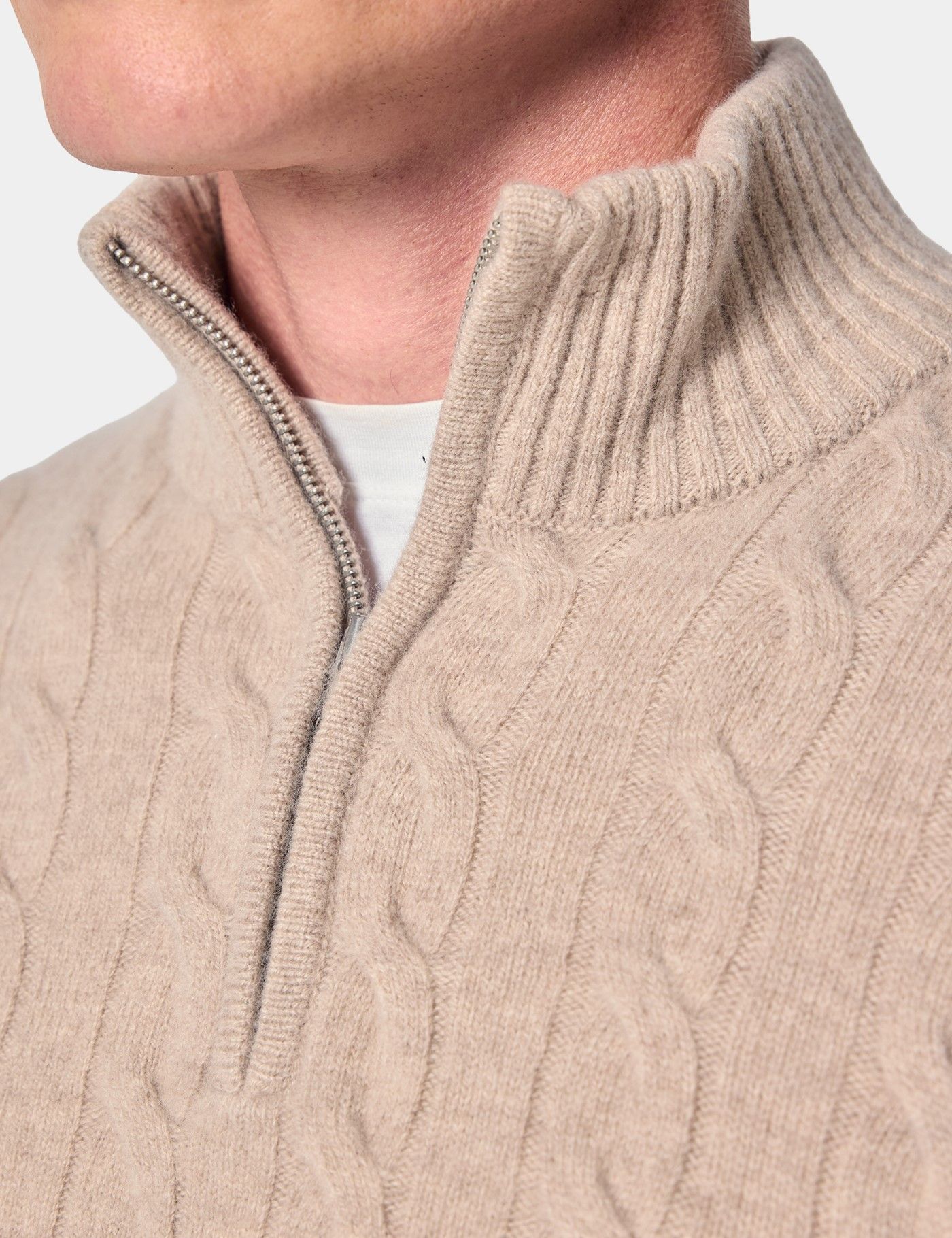 Light Sand Half Zip Cable Knitted Sweater-preview