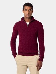 Burgundy Cable Knit Half Zip Jumper