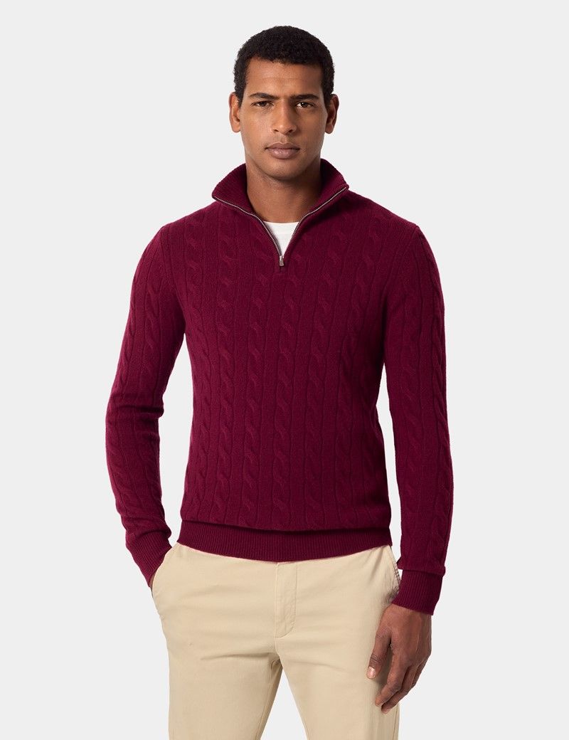 Burgundy Cable Knit Half Zip Jumper