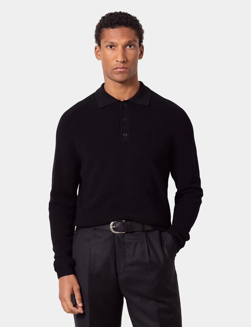 Black Knitted Polo Jumper - Machine Washable