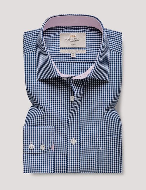 Non-Iron Navy & White Gingham Check Classic Shirt With Breast Pocket-preview