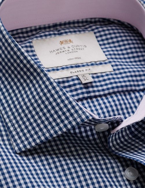 Non-Iron Navy & White Gingham Check Classic Shirt With Breast Pocket