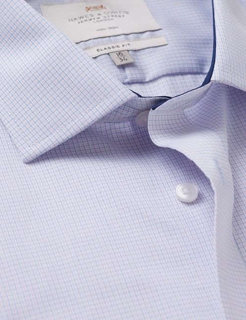 Non-Iron Pink & Blue Small Plaid Classic Shirt - Contrast Detail & Breast Pocket