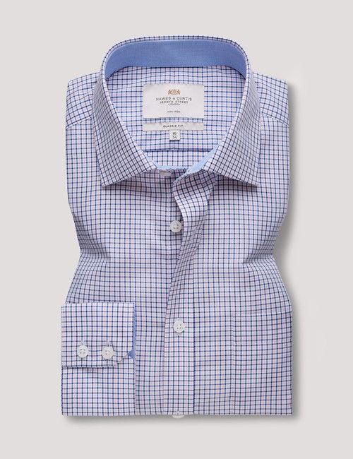 Non-Iron Pink & Navy Plaid Classic Shirt - Contrast Detail & Breast Pocket-preview