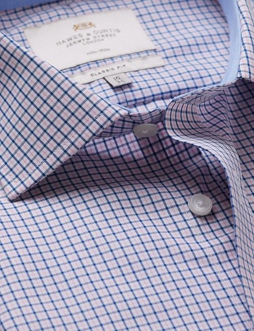 Non-Iron Pink & Navy Plaid Classic Shirt - Contrast Detail & Breast Pocket