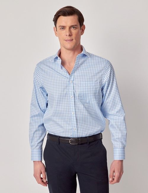 Non-Iron Blue & White Check Classic Shirt - Contrast Detail & Breast Pocket