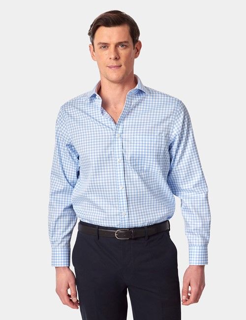 Classic Fit Blue & White Plaid Non-Iron Shirt - Contrast Detail  - Chest Pocket