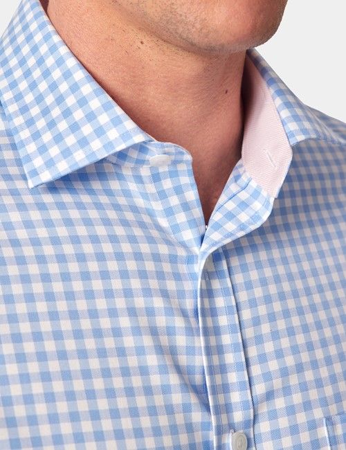 Classic Fit Blue & White Plaid Non-Iron Shirt - Contrast Detail  - Chest Pocket-preview