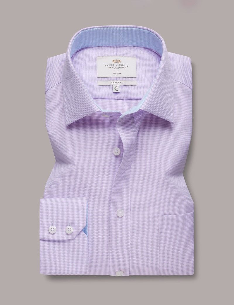 Classic Fit Lilac & White Dogtooth Non-Iron Shirt - Contrast Detail  - Chest Pocket-preview