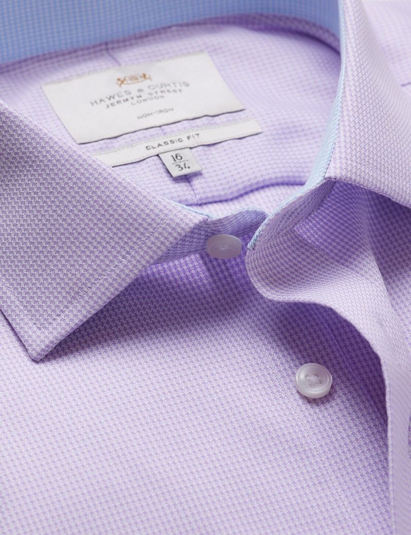 Classic Fit Lilac & White Dogtooth Non-Iron Shirt - Contrast Detail  - Chest Pocket