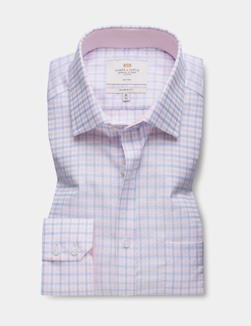 Classic Fit Blue & Pink Plaid Non-Iron Shirt - Contrast Detail  - Chest Pocket-preview