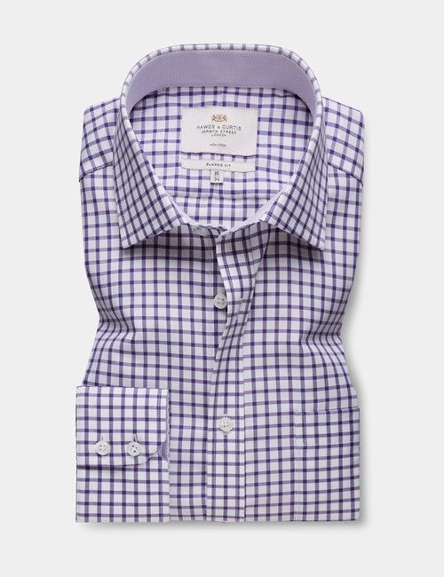 Classic Fit Purple & White Grid Plaid Non-Iron Shirt - Contrast Detail  - Chest Pocket-preview